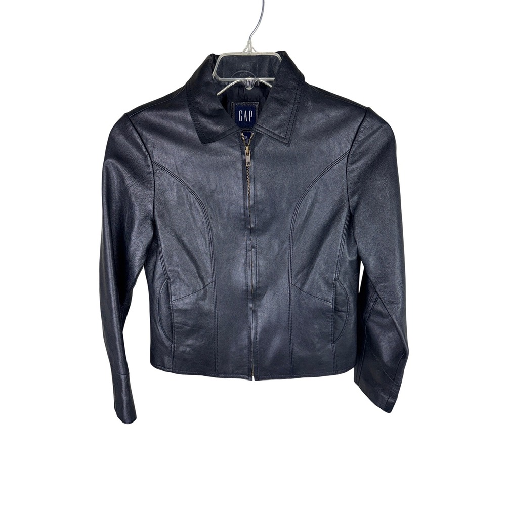 Gap Womens XS Black Genuine Leather Full Zip Collared Jacket